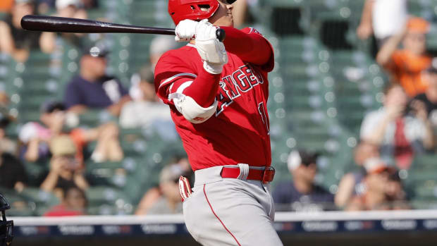 Jul 27, 2023; Detroit, Michigan, USA; Los Angeles Angels starting pitcher Shohei Ohtani (17) hits a home run in the fourth inning against the Detroit Tigers at Comerica Park. Mandatory Credit: Rick Osentoski-USA TODAY Sports  
